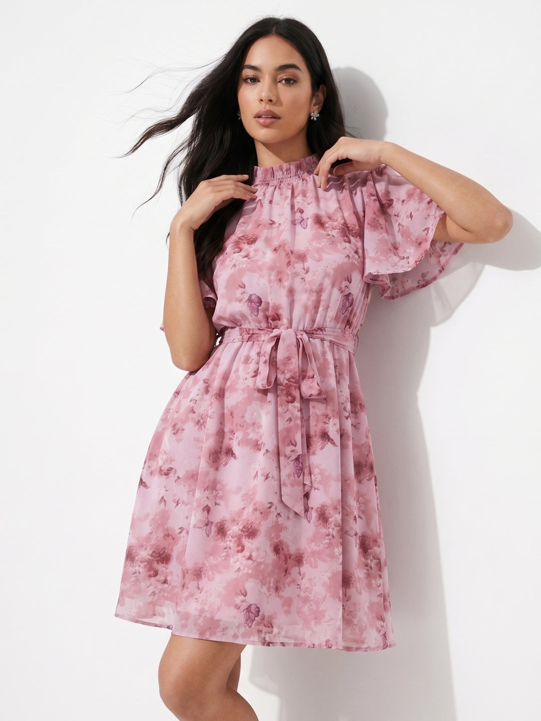 Pink Short Sleeve Mock Neck Printed Dress