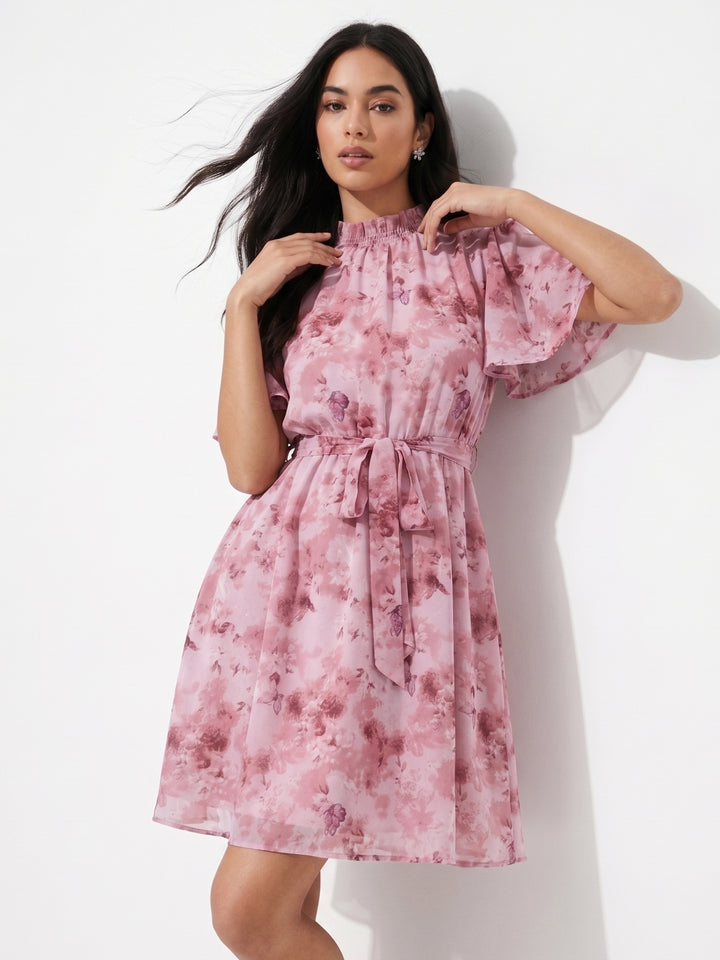 Pink Short Sleeve Mock Neck Printed Dress