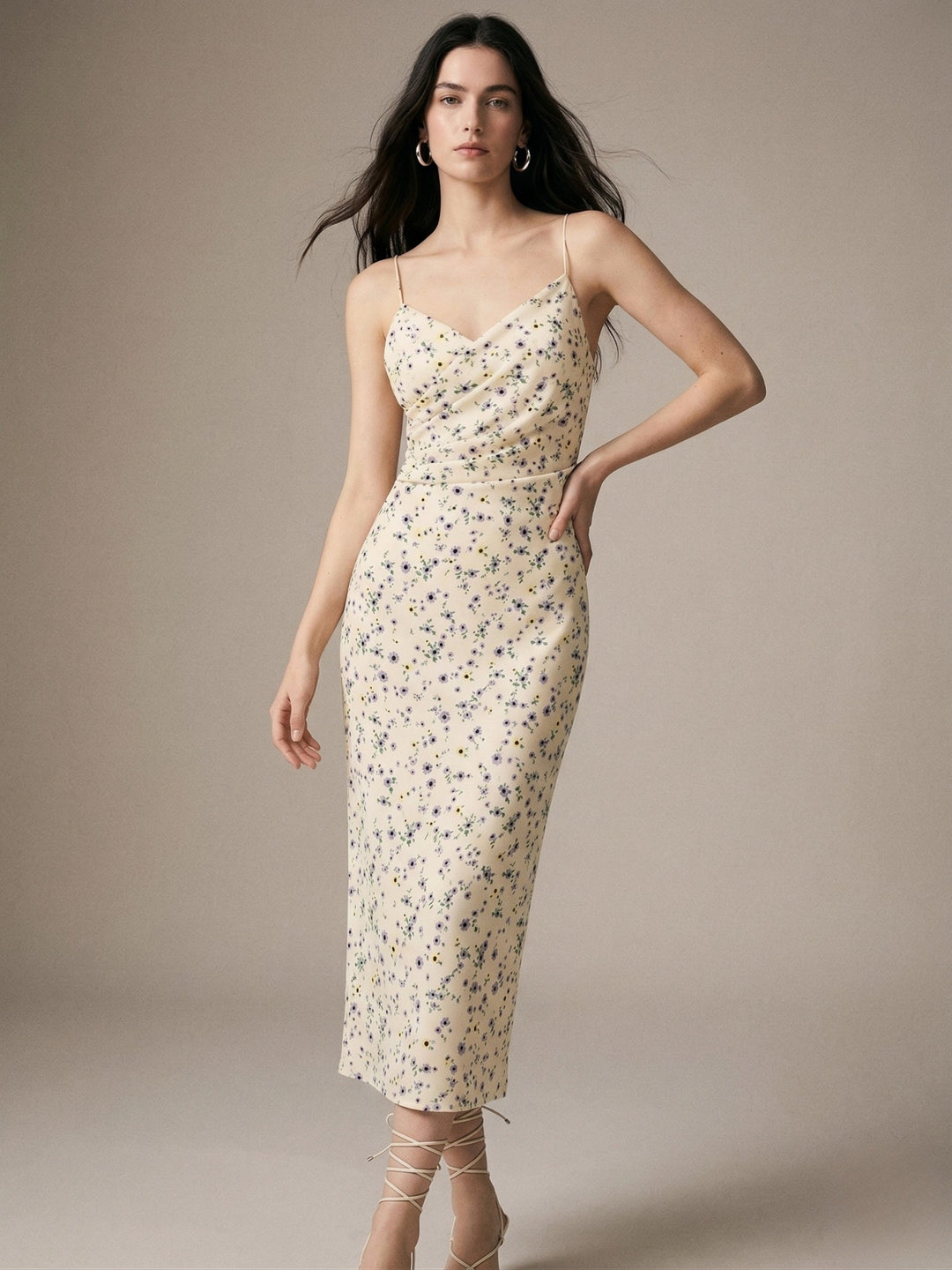Cream Strappy Printed Wrap Dress