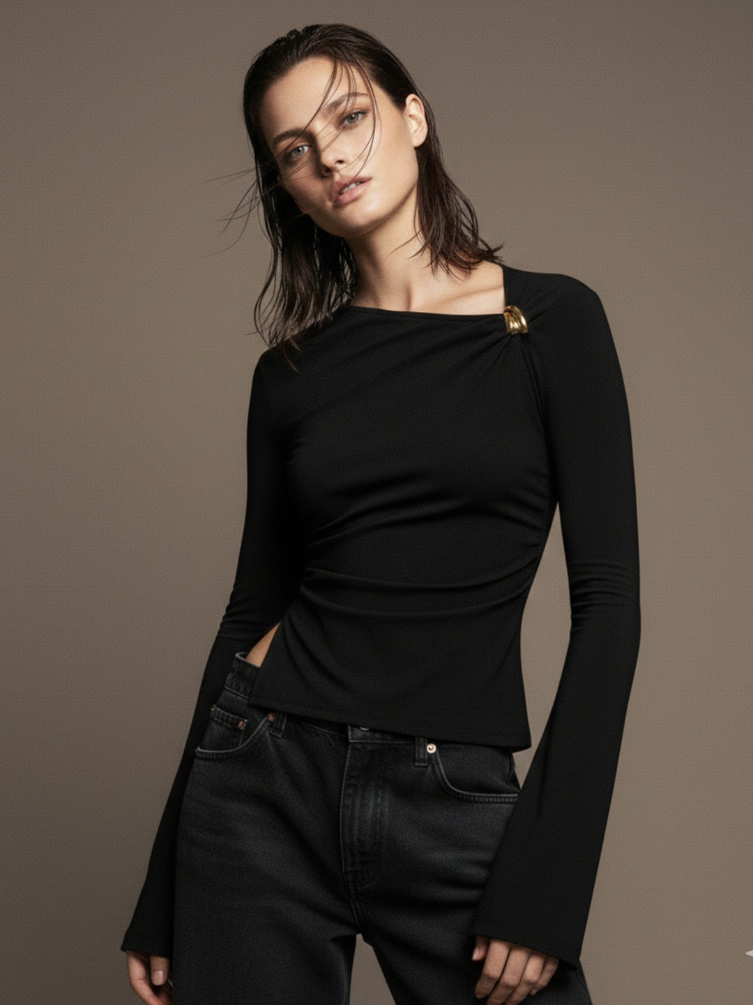 Black Full Sleeve Asymmetrical Neck Top