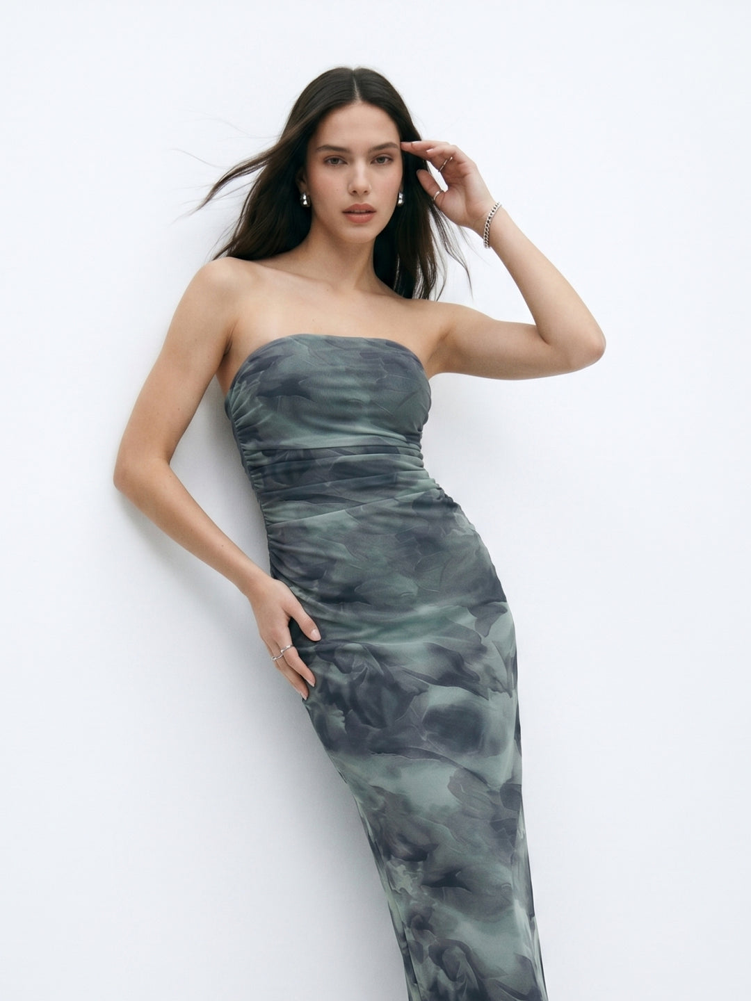Deep Blue Digital Print Mesh Tube Dress