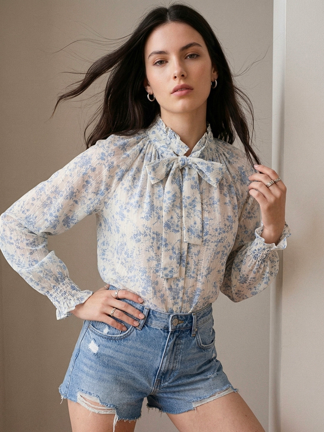 Blue Printed High Neck Top With Tie Up Detail