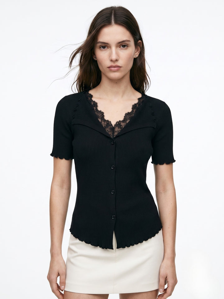 Black Collared V Notch Top With Lace Inserts
