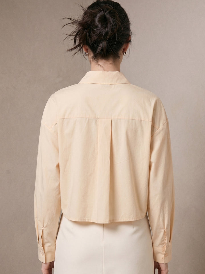 Cream Button Down Collared Shirt With Crochet Typed Pockets