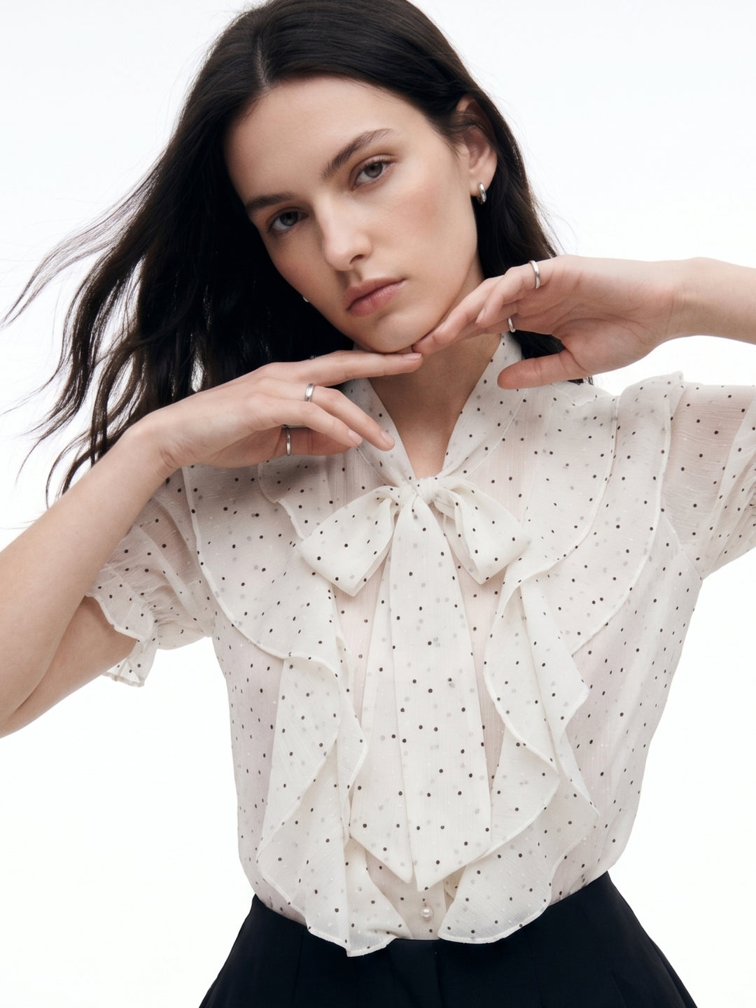 Off White Bow Tie-Up Polka Printed Top