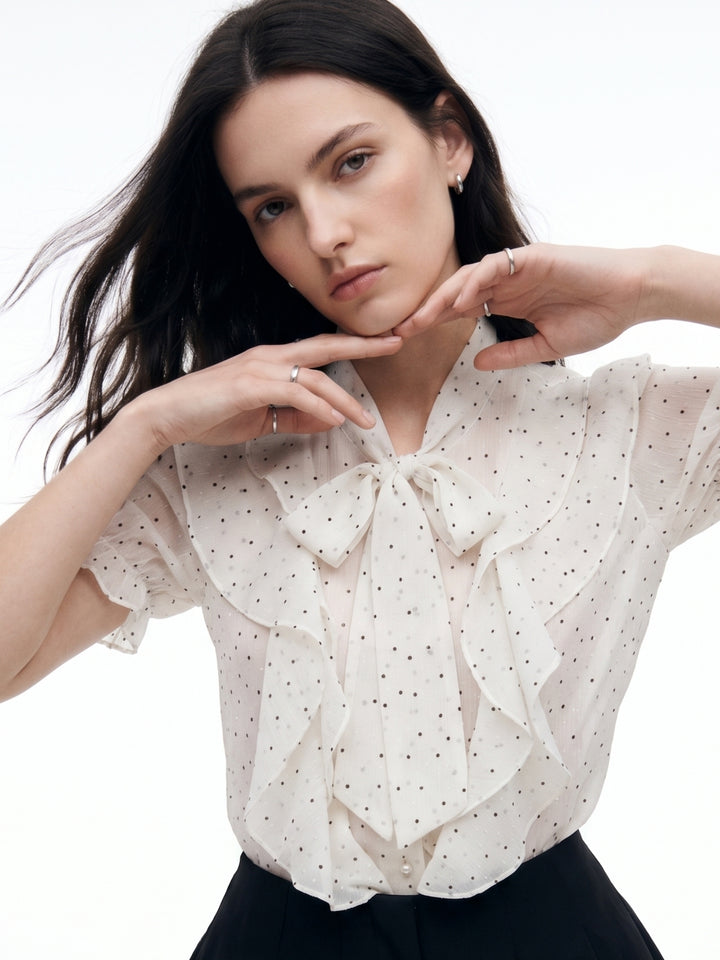 Off White Bow Tie-Up Polka Printed Top