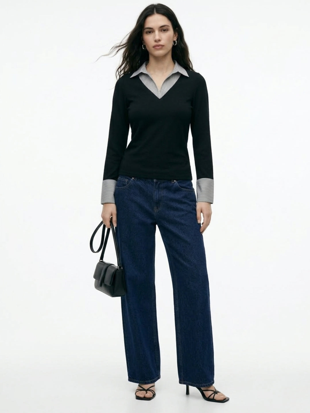 Black Full Sleeve Contrast Collar Fitted Top