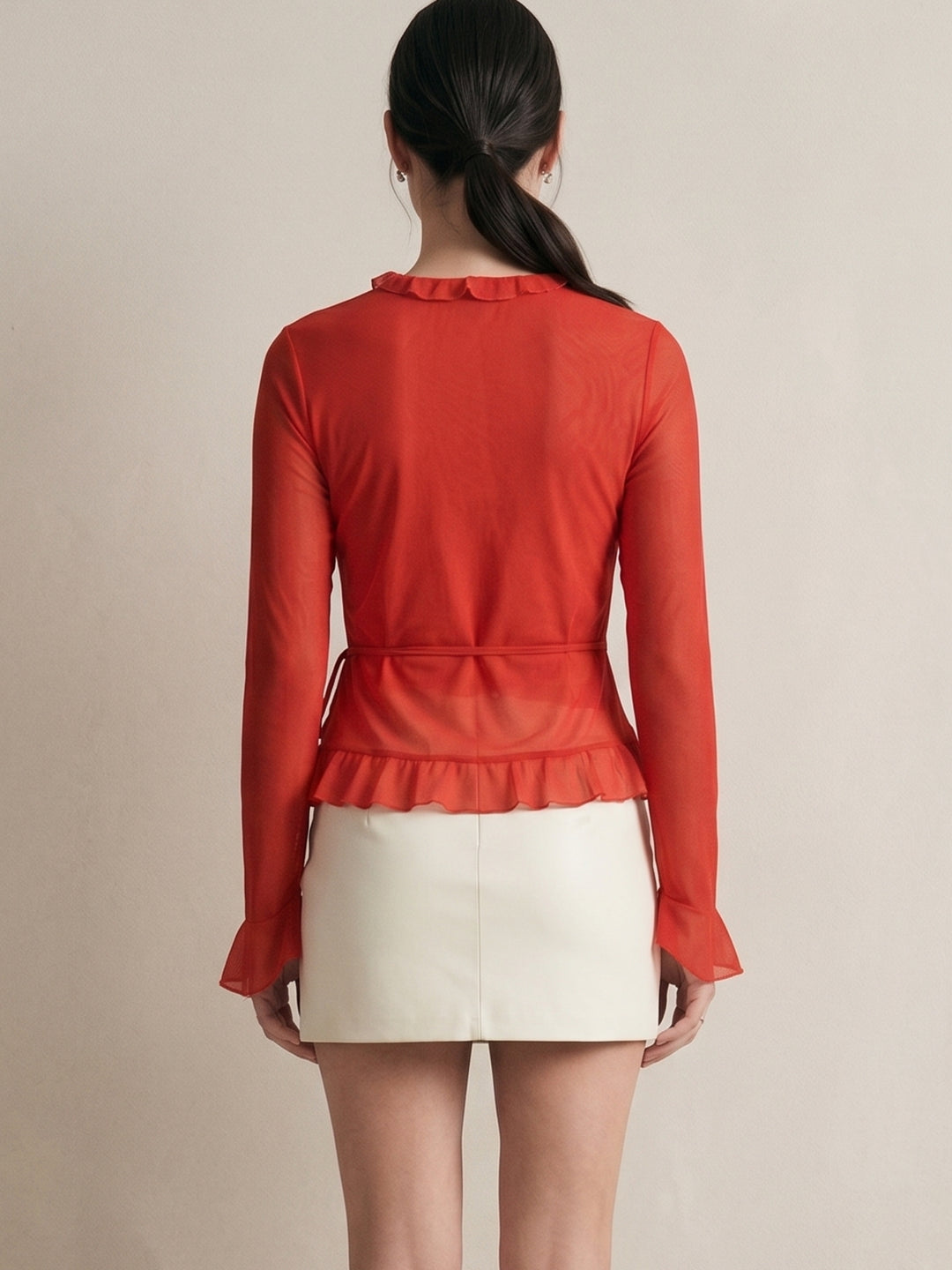 Red Ruffle Detail Full Sleeve Top