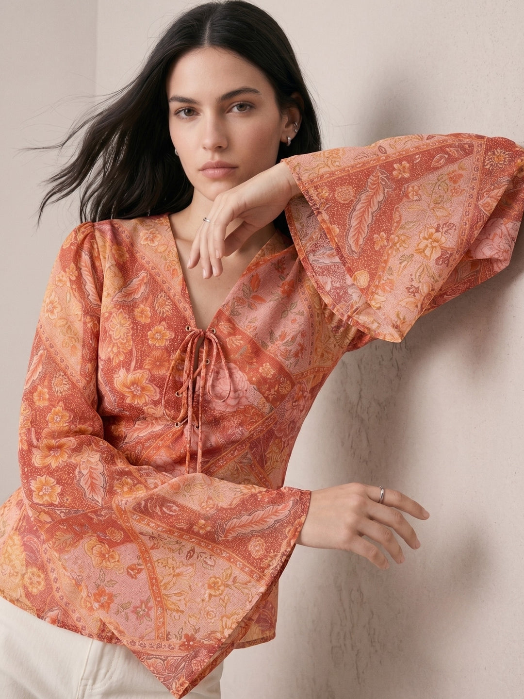 Multi Floral Print Blouse With Eye Let Details At Front