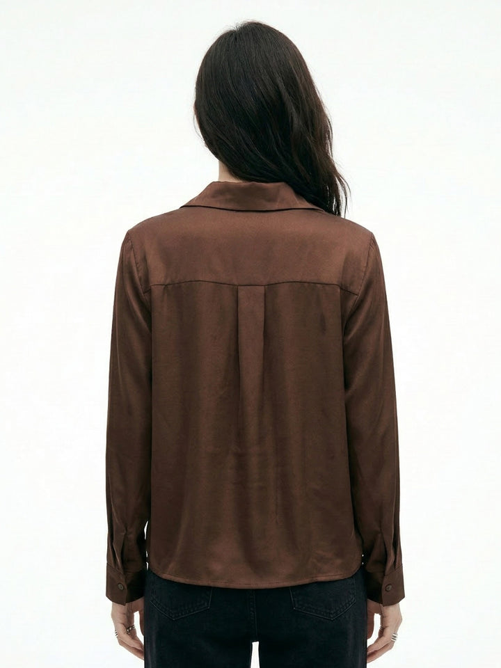 Brown Half Button Down Cowl Neck Top