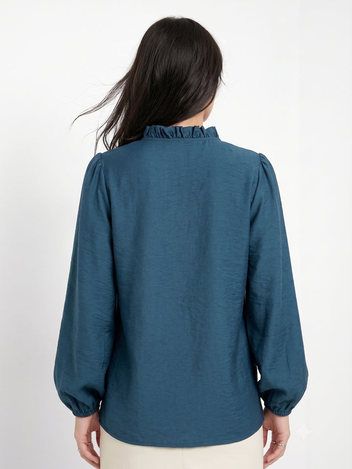 Teal Soft Ruffle Front Button Down Shirt