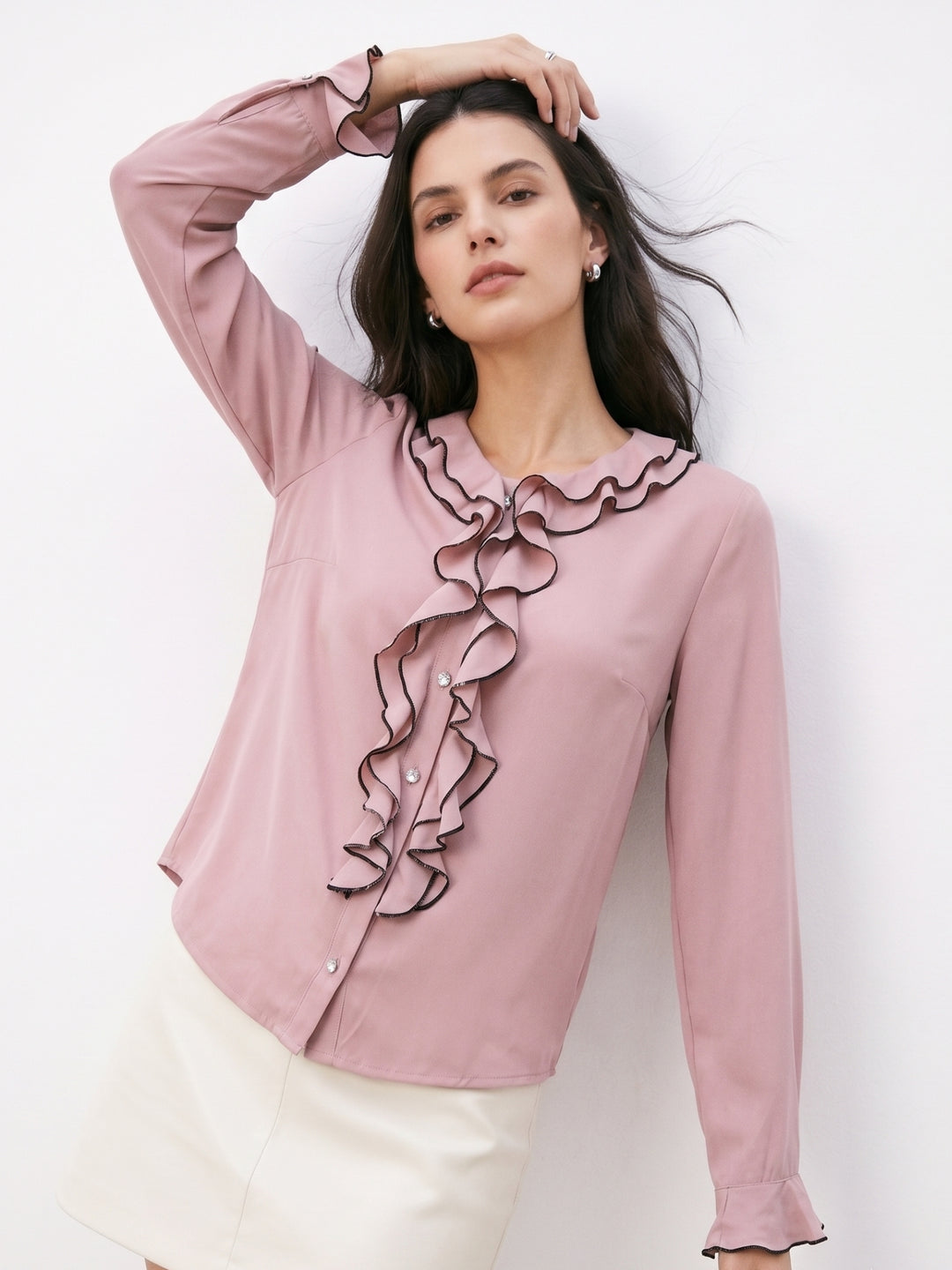 Pink Bell Sleeve Ruffle Collar Placket Shirt