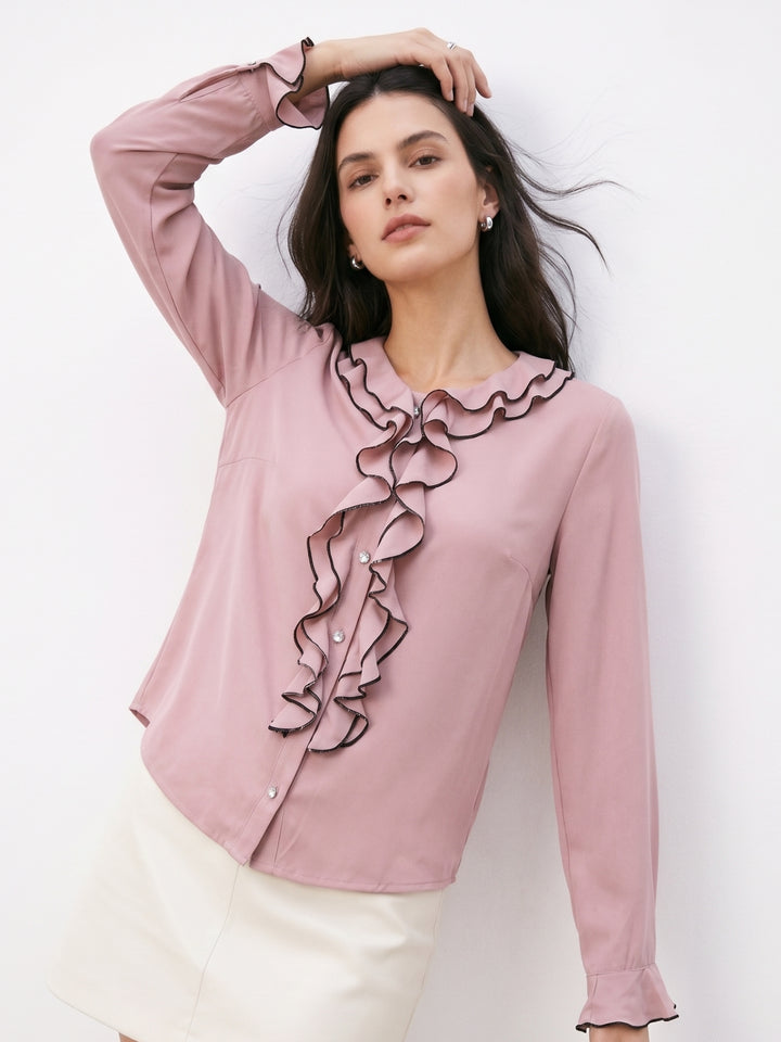 Pink Bell Sleeve Ruffle Collar Placket Shirt