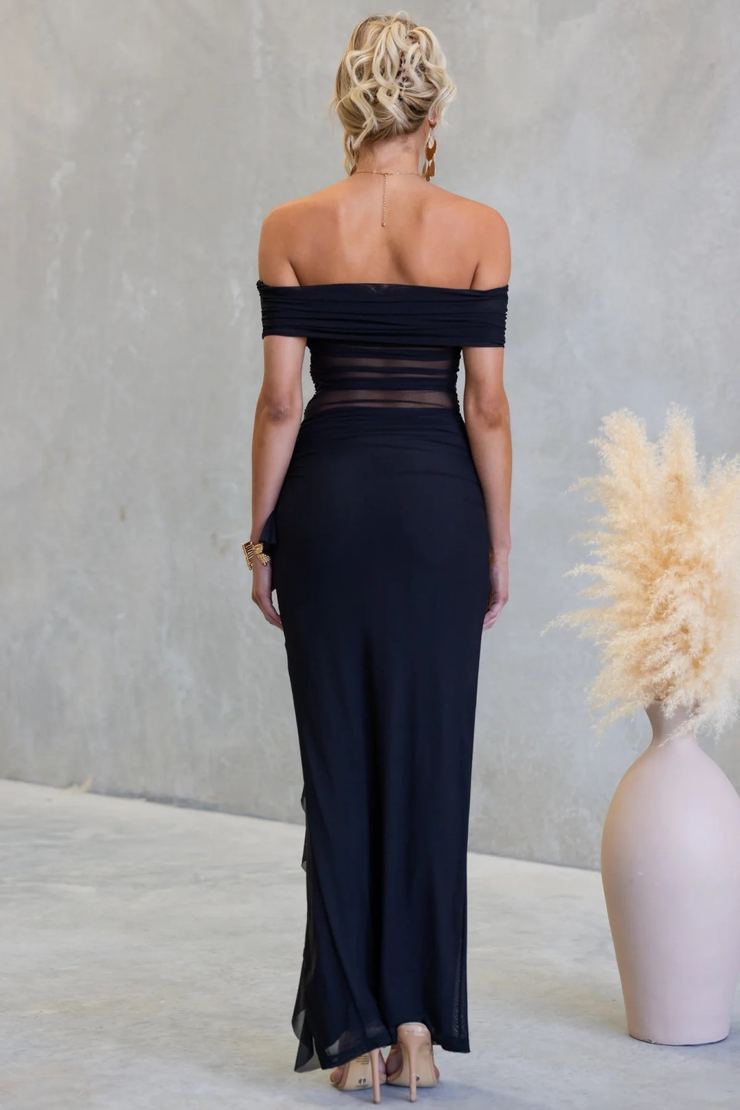 Black Off Shoulder Mesh Ruffle Detail Dress