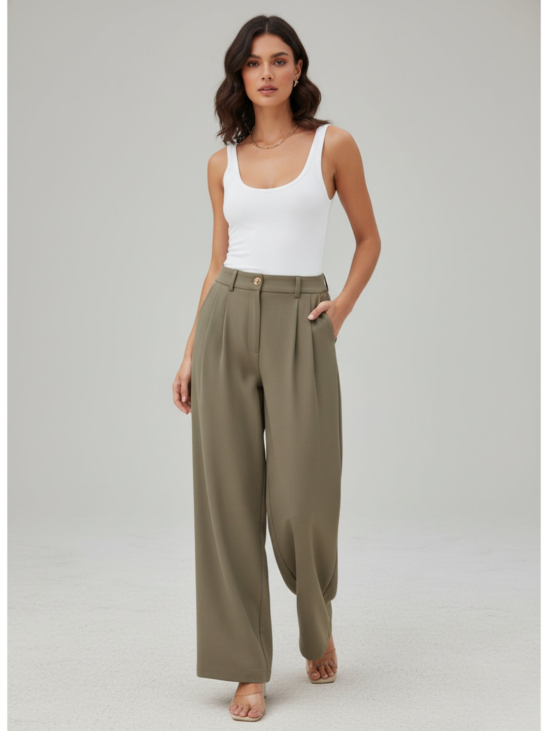 Beige Wide Leg Pleated Pants