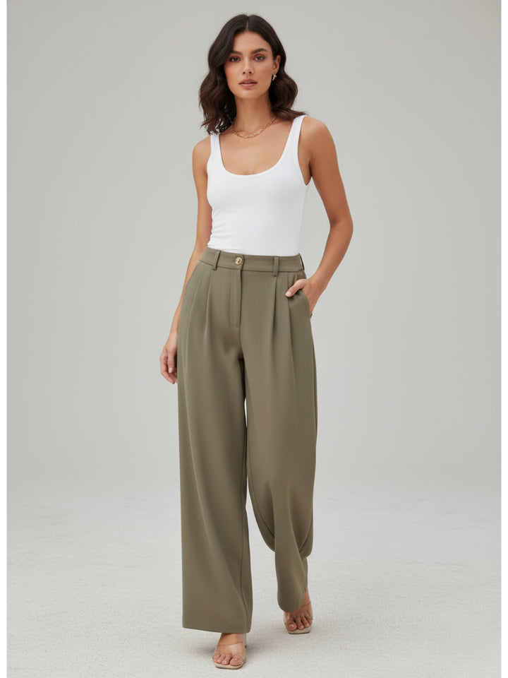 Beige Wide Leg Pleated Pants