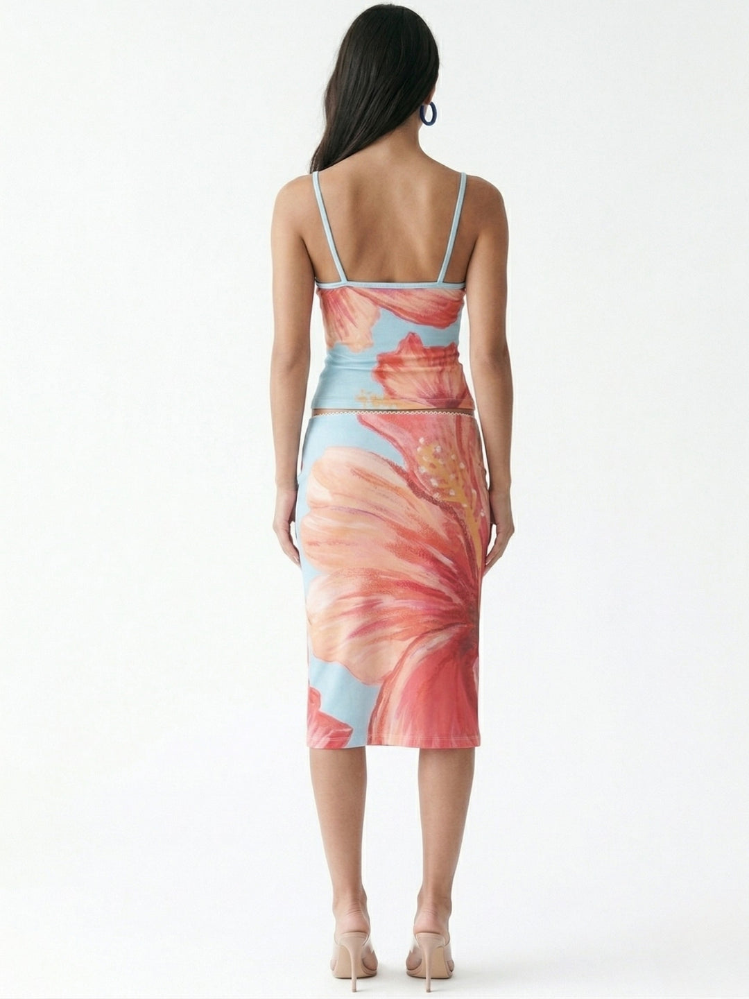 Multi Spaghetti Strap Floral Printed Top And Skirt Set