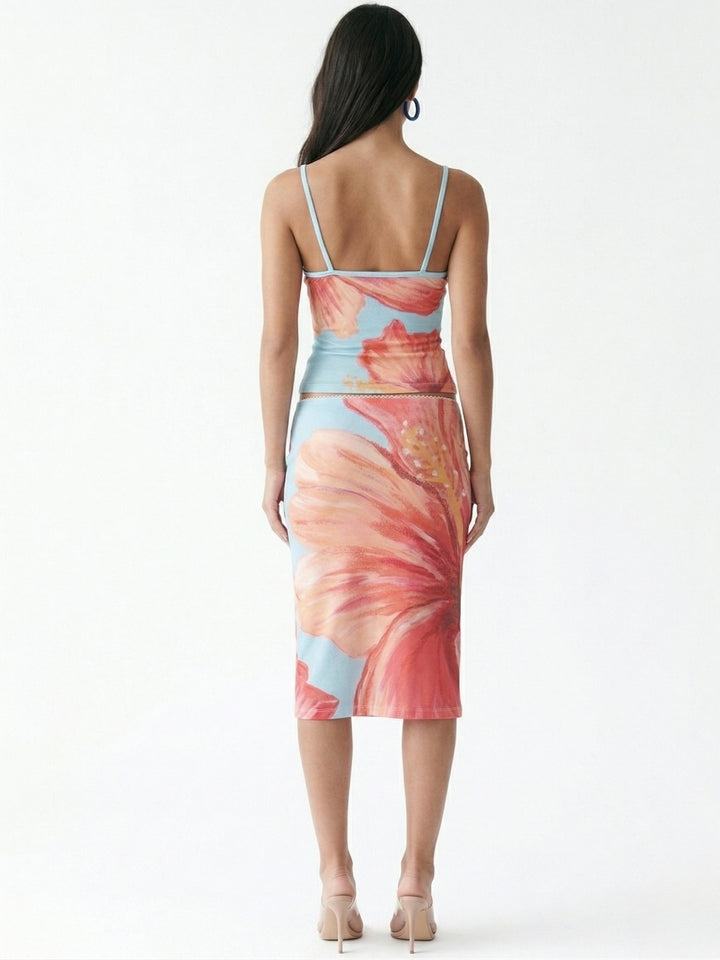 Multi Spaghetti Strap Floral Printed Top And Skirt Set
