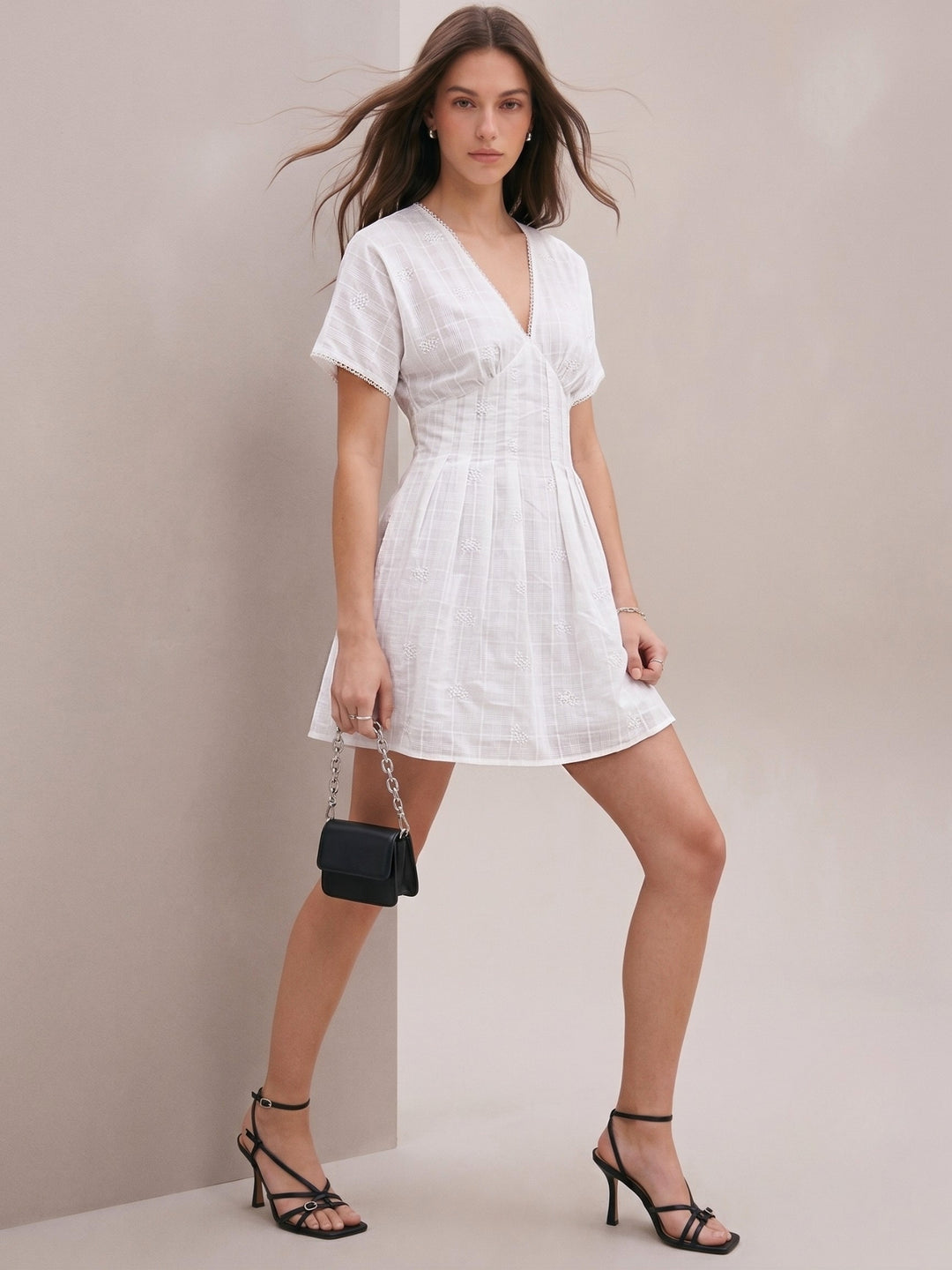White Fit And Flare Mini All Over Embrodiery Mini Dress