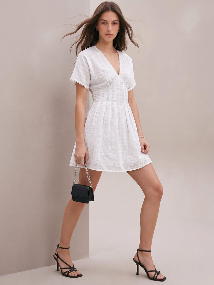 White Fit And Flare Mini All Over Embrodiery Mini Dress