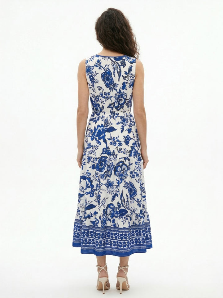 Blue V Neck Printed Dress