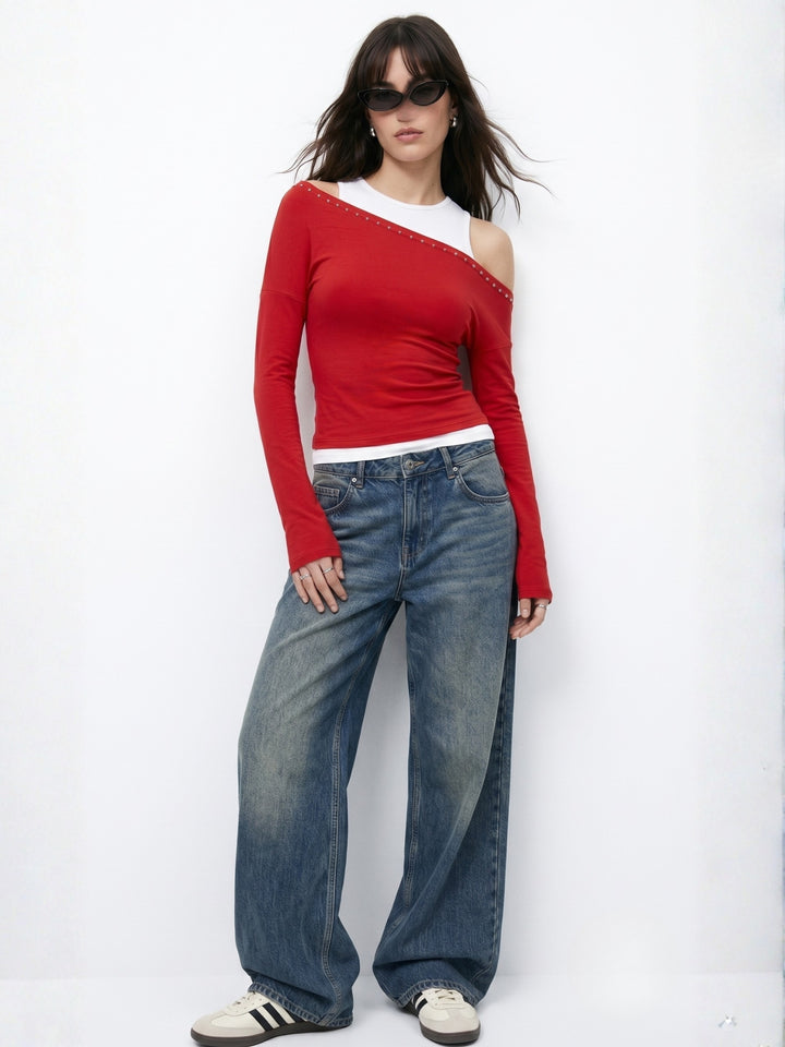Red Twofer Styled Tank And Studded Top