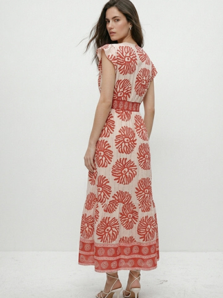 Red Flare Sleeve Printed Dress