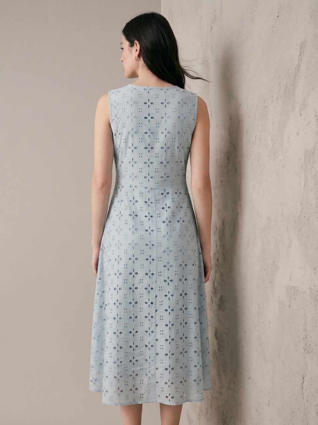Blue Schiffli Embroidered Midi Dress With Lace Detail
