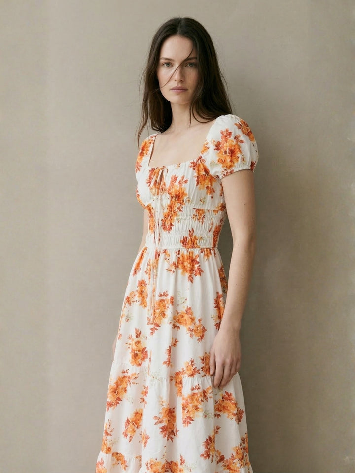 Yellow Floral Printed Flared Dress