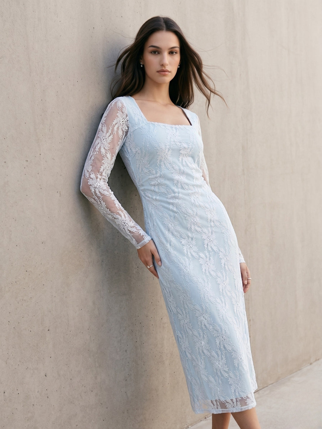 Blue Full Sleeve Square Neck Lace Dress