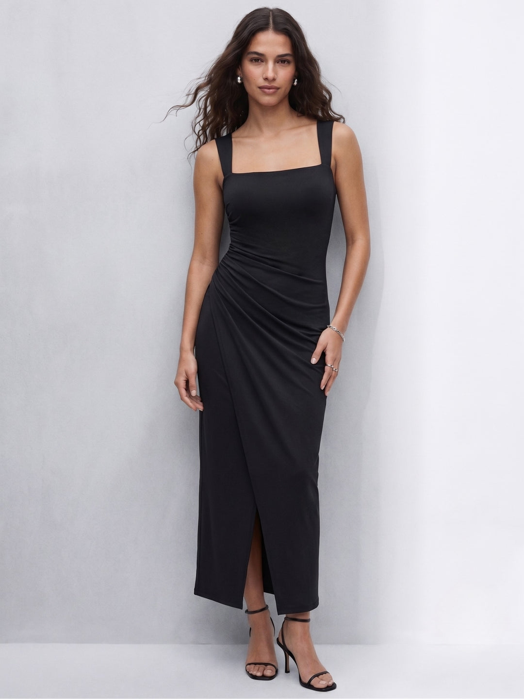 Black Square Neck Maxi Dress With Waist Gathering