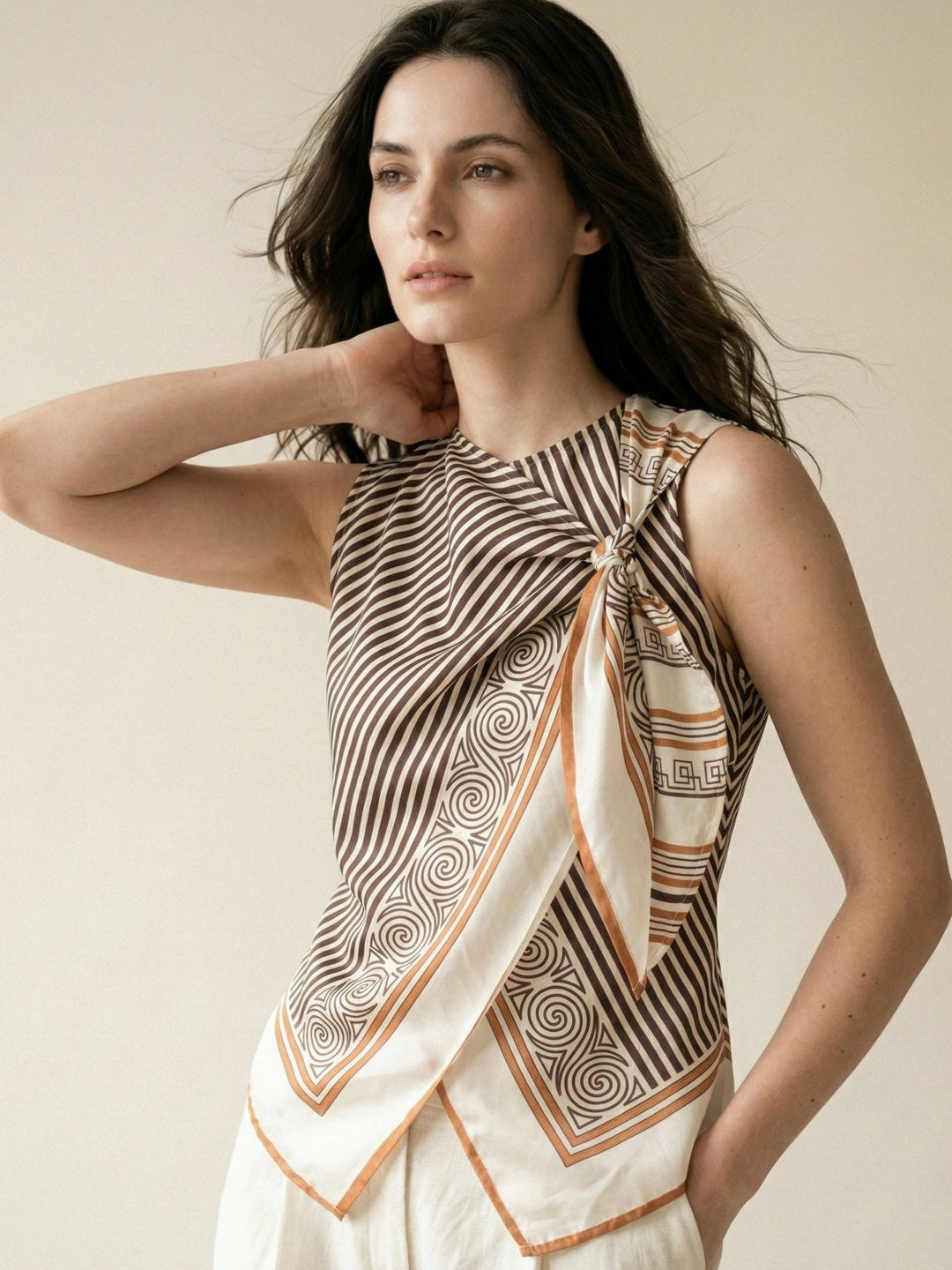Multi Striped Scarf-Print Sleeveless Top With A Front Tie Detail