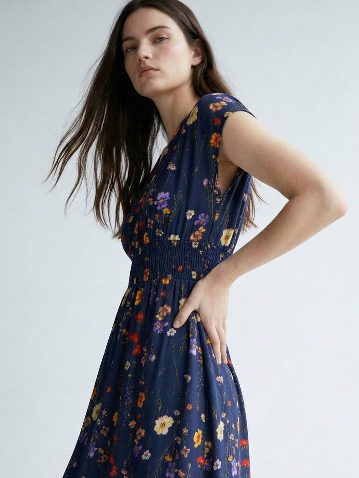 Blue Short Sleeve V Neck Floral Dress