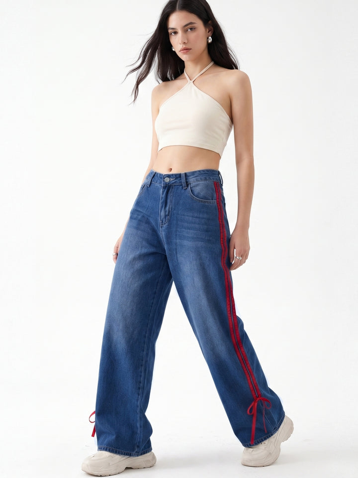 Navy Blue Contrast Detail Wide Leg Jeans