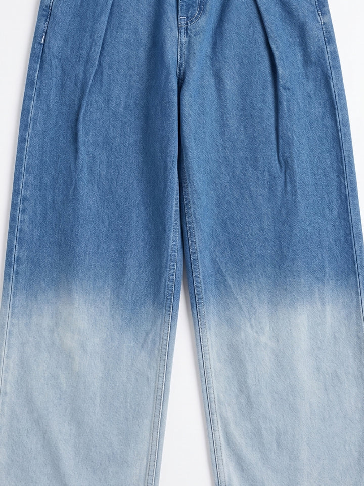 Light Blue High-Rise Light Blue Pleated Wide Leg Jeans