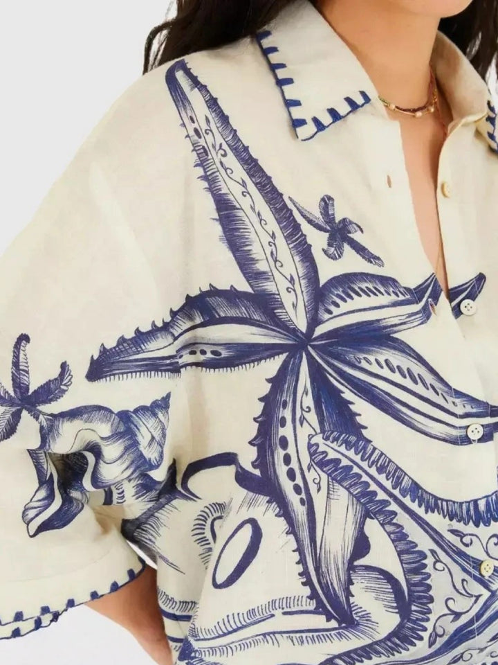 Cream Printed Contrast Hem Shirt And Shorts Set