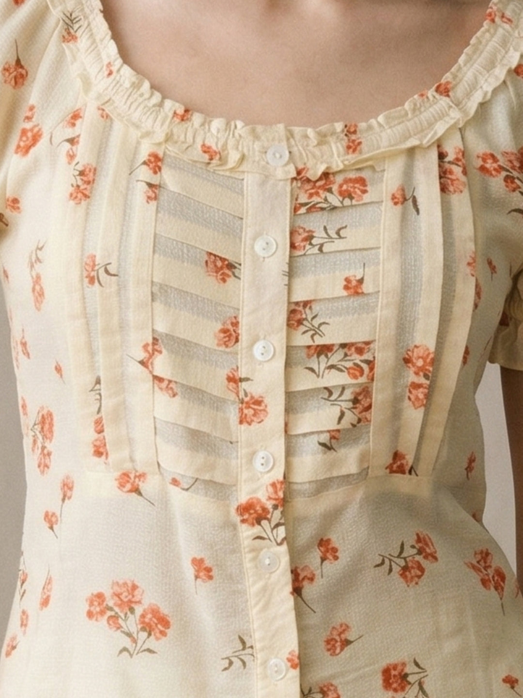 Butter Yellow Printed Square Neck Pleated Puff Sleeves Blouse