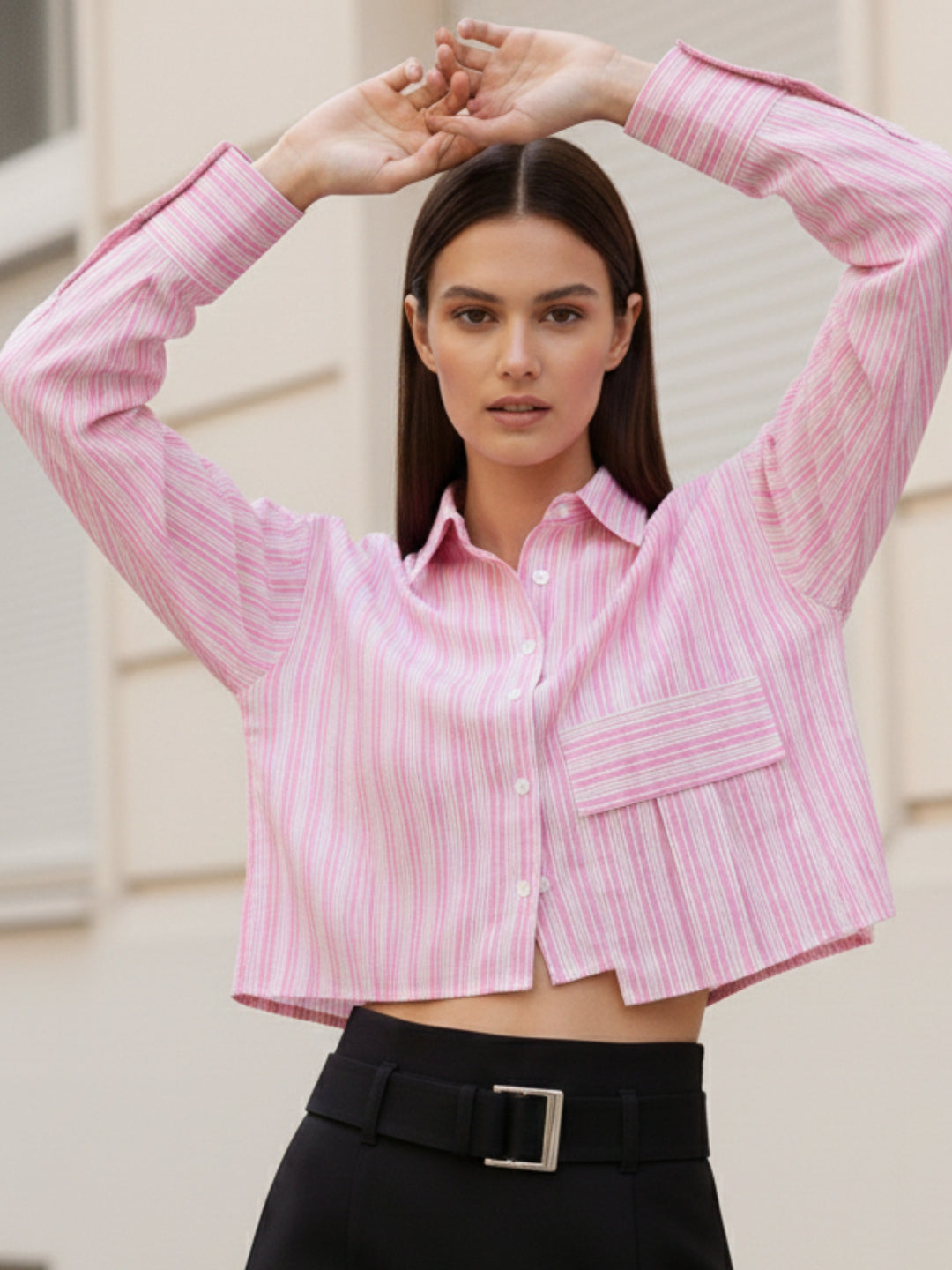 Pink Cropped Boxy Shirt With Large Pocket Detail