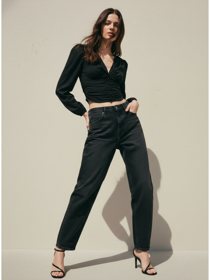Black Plunge Neck Cinched Waist Top