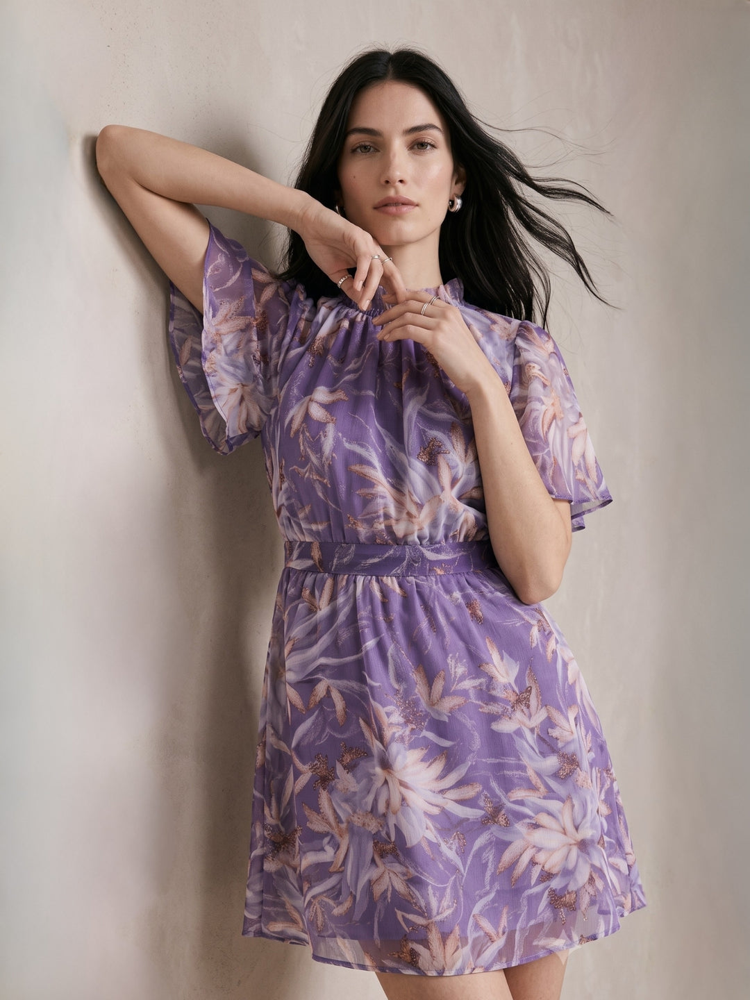 Lavender High Neck Printed Dress With Belt Tie Up Detail