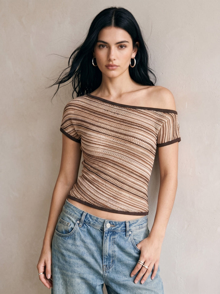 Beige Striped One Shoulder Top