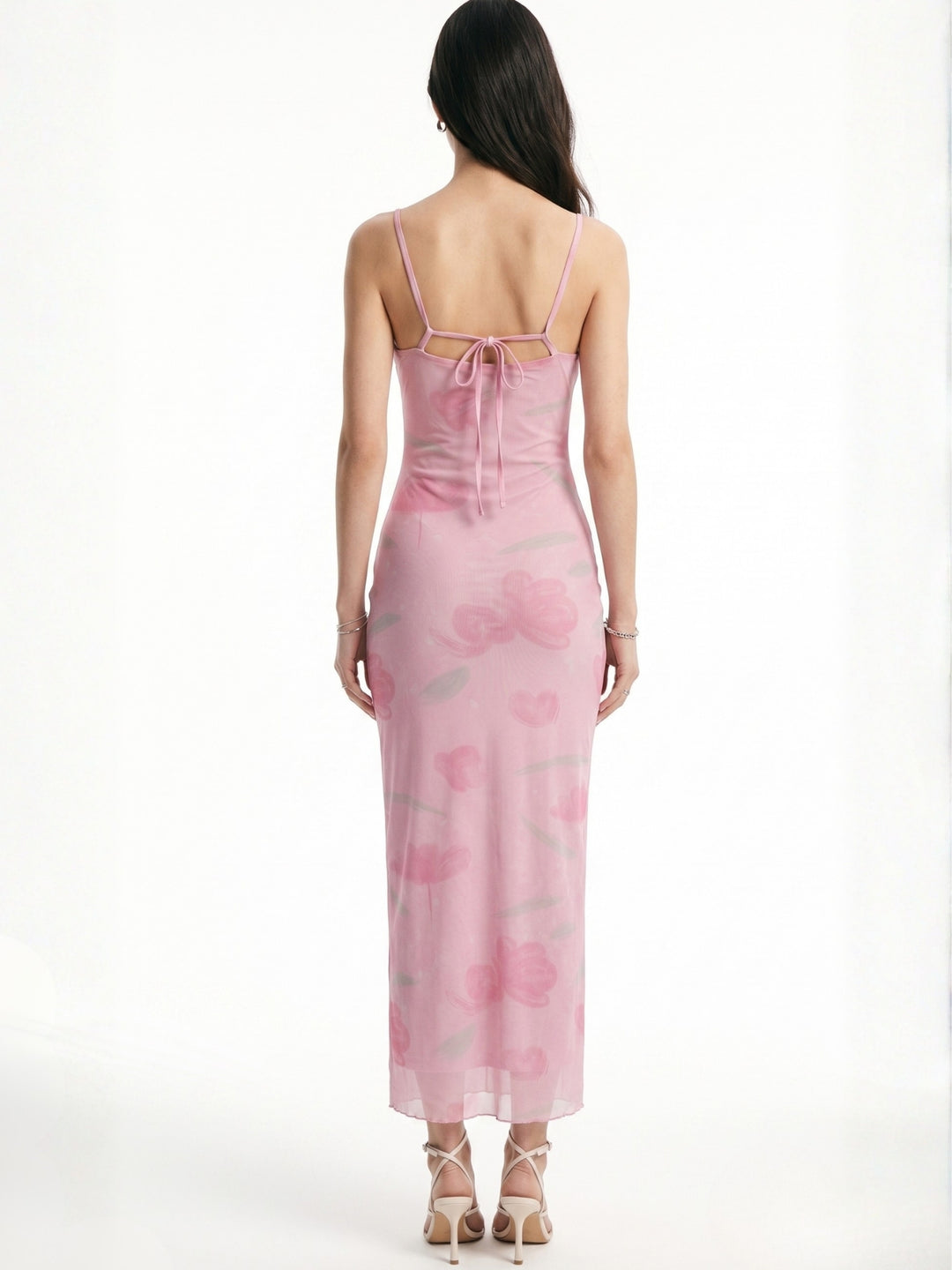 Pink Spaghetti Strap Floral Printed Dress