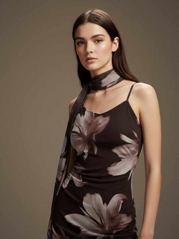 Brown Strappy Printed Mesh Dress With Scarf Detail