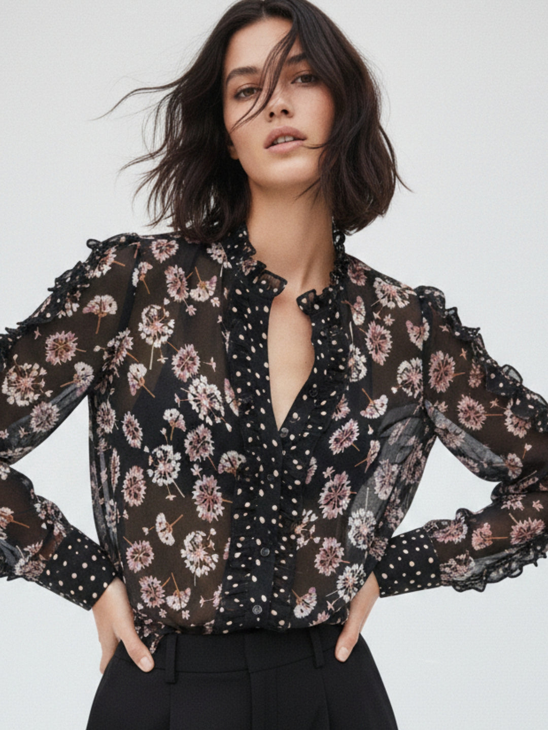 Black Printed Deep-V Top