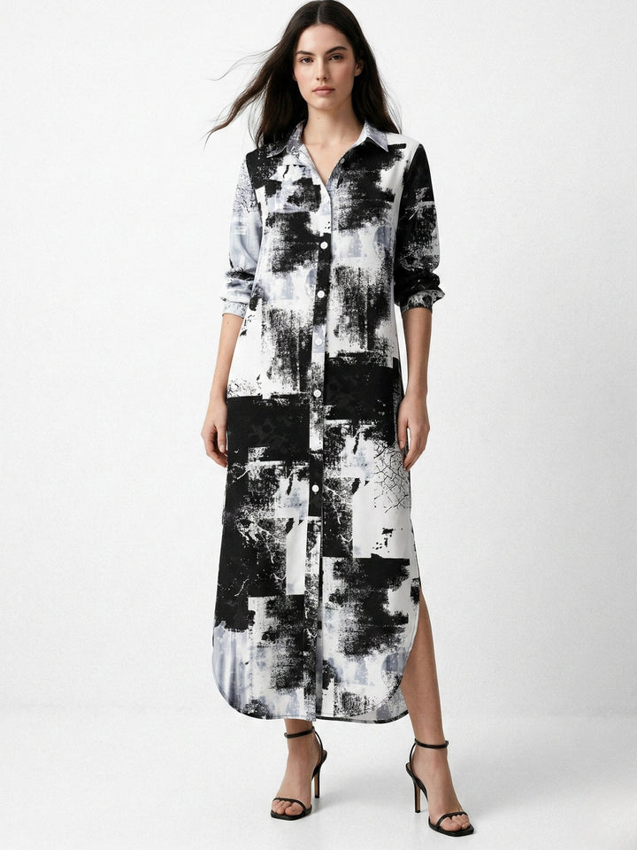 Black Typographic Button Down Shirt Dress