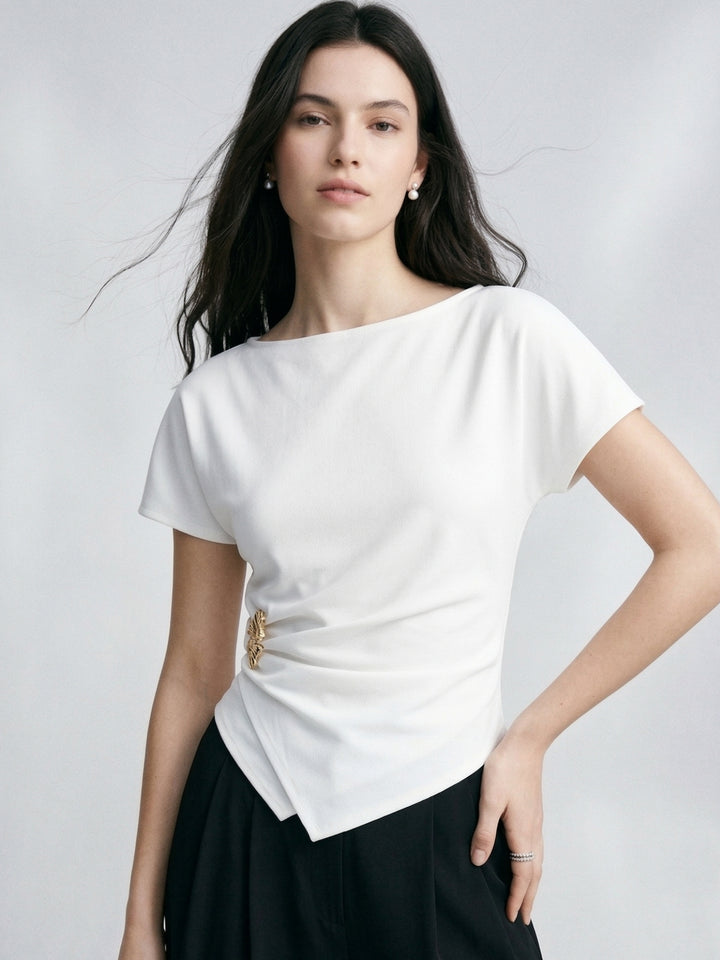 White Boat Neck Side Ruched Top With Metal Trim