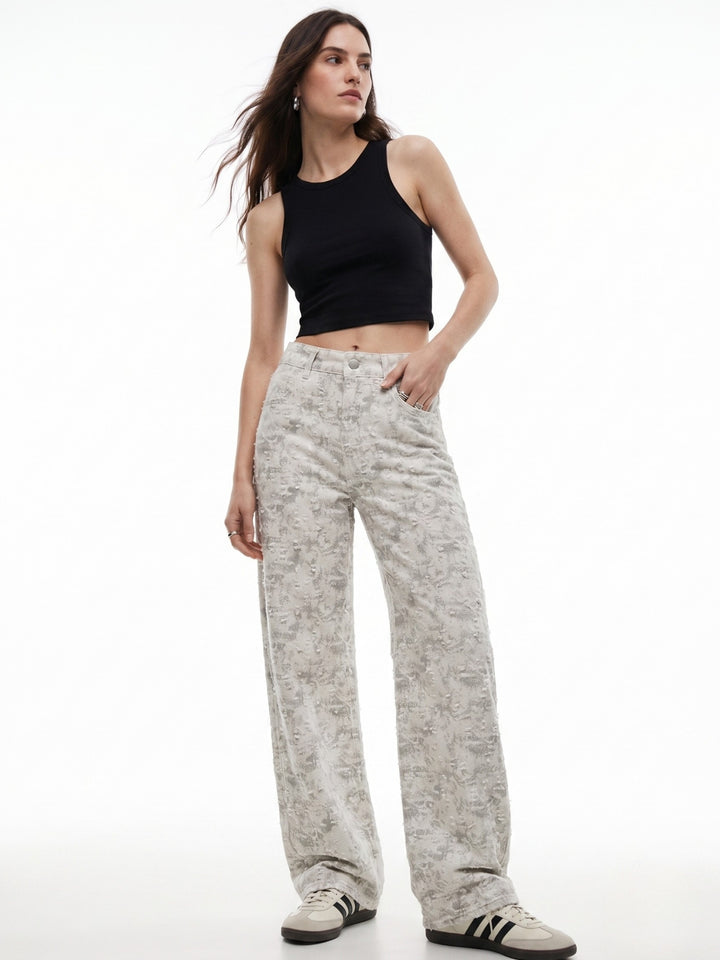 Off White High Waisted Textured Baggy Jeans