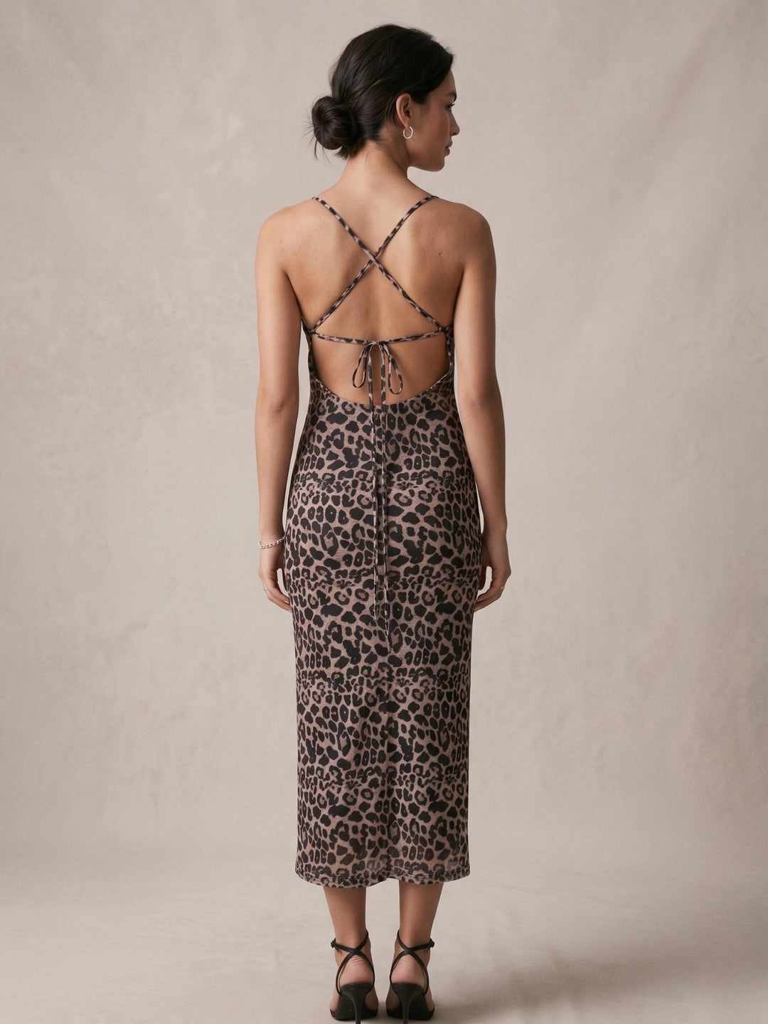 Brown Spaghetti Strap Printed Dress