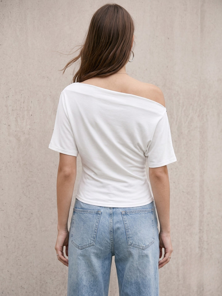 White One Shoulder Studded Waist Fitted Top