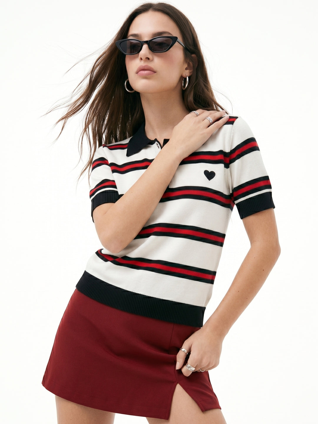 Multi Striped Collared Polo Top With Small Heart Graphic